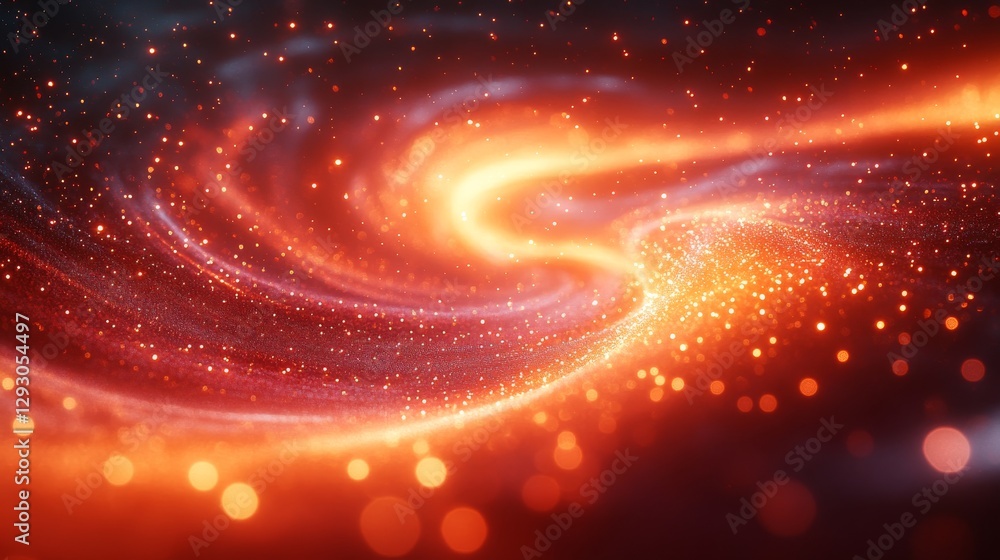 Poster abstract swirling galaxy with bright orange and red particles, space vortex in motion. cosmic energy