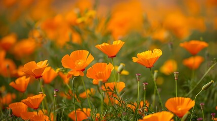 Obraz premium Vibrant Orange Poppies Blooming in Sunny Meadow During Spring Season in Nature