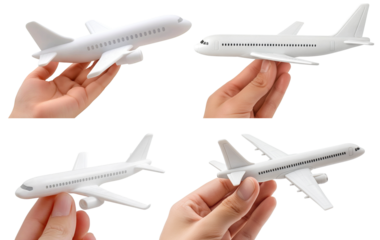 Set of miniature model airplanes in hands, isolated on transparent cutout background