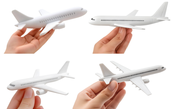 Set of miniature model airplanes in hands, isolated on transparent cutout background