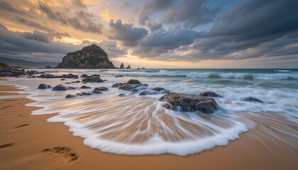 seascape featuring a golden sandy beach with waves gently washing over scattered rocks