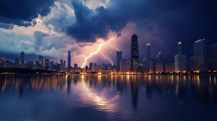 Obraz premium A city skyline reflecting a spectacular lightning storm