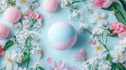 Fototapeta premium colorful bath bomb surrounded by delicate flowers and petals creates serene atmosphere