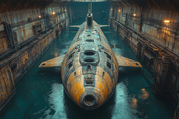 Submerged Relic, A Forgotten Submarine Docked in a Dilapidated Hangar