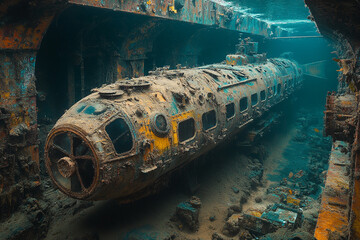 Sunken submarine slumbering amidst the depths of the ocean floor