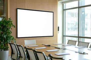 Business-focused meeting room with a prominently blank TV screen.