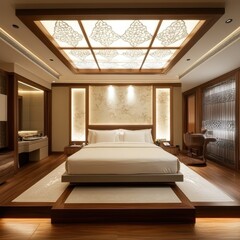 Luxurious Bedroom Interior Features A Wooden Platform Bed And Ceiling Lighting