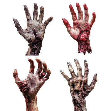 Set of zombie hands reaching up, isolated on transparent cutout background