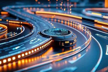 Futuristic Digital Circuit Design with Glowing Elements and Abstract Technology Background