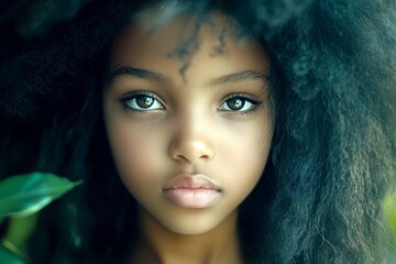 Fototapeta premium Attractive calm black girl - for ads, advertisement and internet use. Long haircut - afro hair. Commercial marketing idea. Creative african portrait concepts. Chic black elegance.