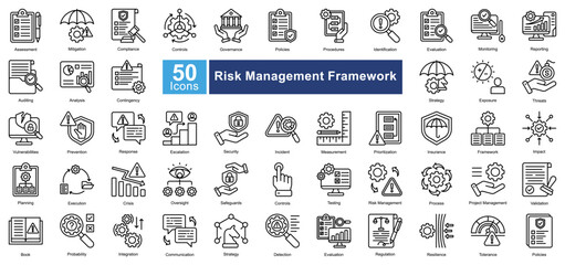 Risk Management Framework icon set in Line style, featuring 50 icons of assessment, compliance, security, and governance. Ideal for corporate risk analysis, auditing, and policy enforcement.
