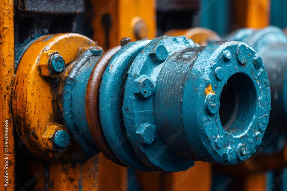 Poster close up of industrial pipes showing signs of wear and tear in a factory setting