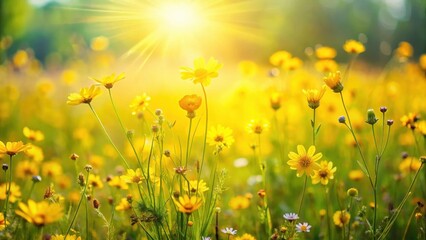 Obraz premium Sunny meadow with yellow wildflowers swaying in gentle breeze, flowers in field