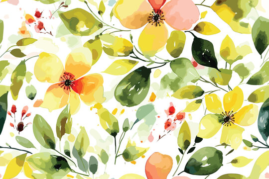  Cute daisy floral seamless watercolor pattern with watercolor black background. Flower vector illustration. Watercolor print in rustic vintage style,