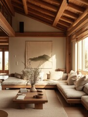 Luxurious natural light interior showcasing home design and wooden beam detail