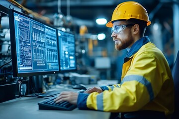 Industrial engineer working on computer in factory control room, monitoring production process