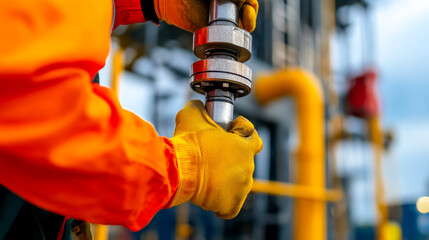 A worker in orange safety gear carefully handles a metal pipe fitting, showcasing industrial equipment in a construction or maintenance environment.