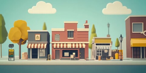 Cityscape Street Scene: A charming cartoon-style cityscape, showcasing a row of diverse buildings, from cozy shops to quaint establishments, beneath a serene sky with fluffy clouds