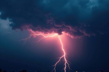 Obraz premium Dark clouds, jagged lightning illuminates rain, lightning, electrical storm, nature