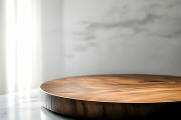 Elegant Wooden Circular Platform with Subtle Lighting for Product Display