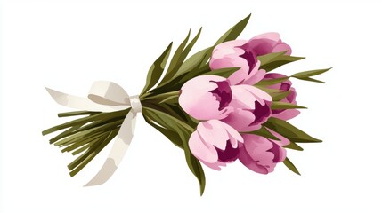 Fototapeta premium A bouquet of pink tulips tied with a white ribbon.