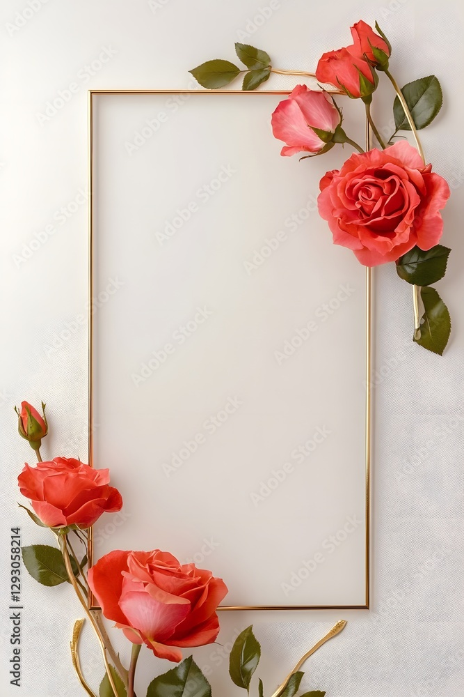 Poster modern and minimalist rectangular frame decorated with abstract roses and gold foil texture