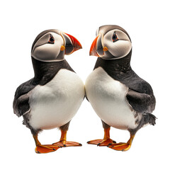 Two puffins with even lighting against white backdrop