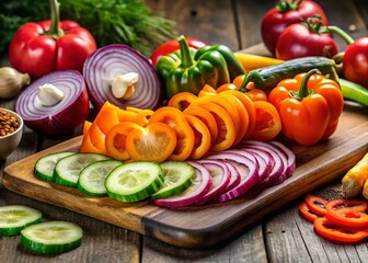 Fresh Sliced Vegetables on Rustic Wooden Board – Healthy Food Photography