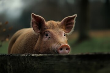 Fototapeta premium Curious pig peering over a wooden fence in a tranquil rural setting at dusk