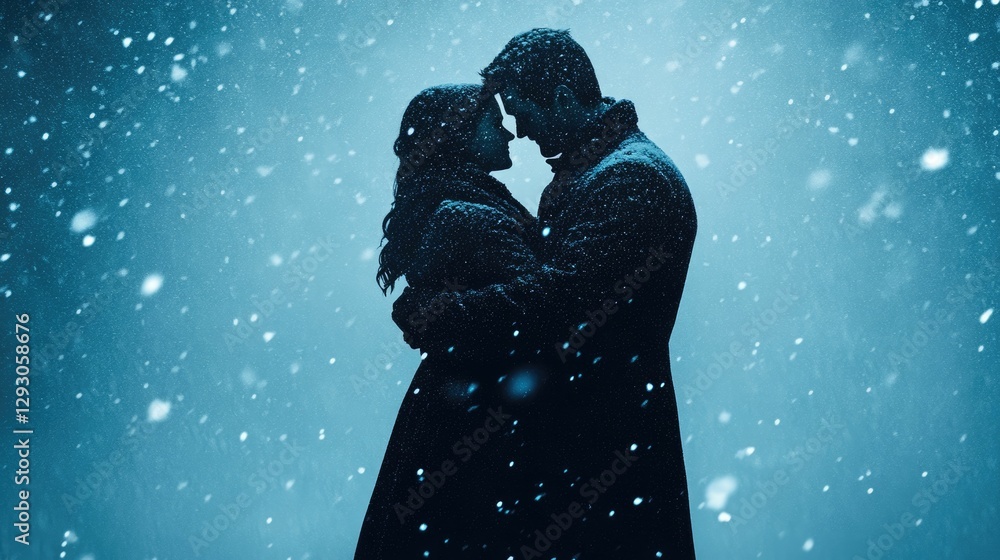 Poster a couple tenderly embracing lost in an intimate moment as the gentle snowflakes drift down around th