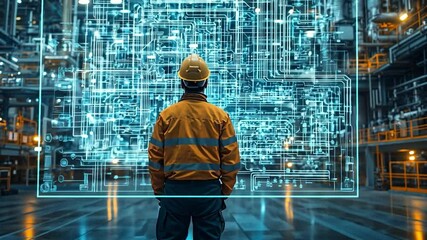 Industrial Digitalization: A worker in a safety vest and hardhat stands before a large holographic display showcasing intricate industrial networks. - Powered by Adobe