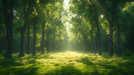 Fototapeta premium Sunlit forest path, morning mist, green trees, idyllic scene, nature background