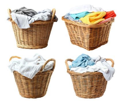 Set of wicker baskets filled with laundry, isolated on transparent cutout background