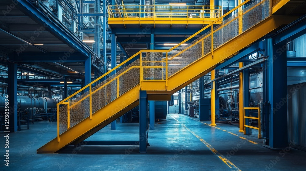 Poster yellow staircase connecting different levels in industrial factory
