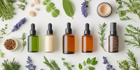 Natural cosmetic bottles and ingredients forming a pattern on white background