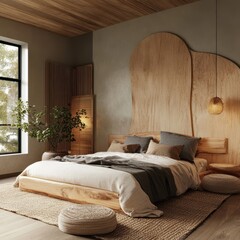 A bedroom featuring wooden furniture and a minimalist design
