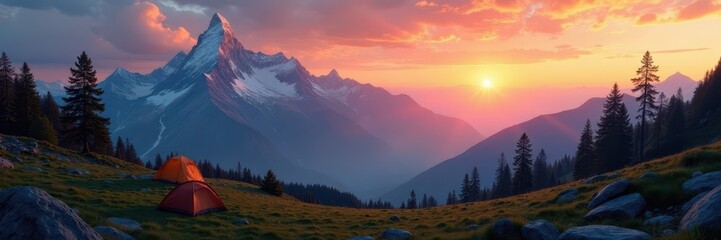 Obraz premium Sunrise over majestic mountain peaks, campsite below, rocks, expedition