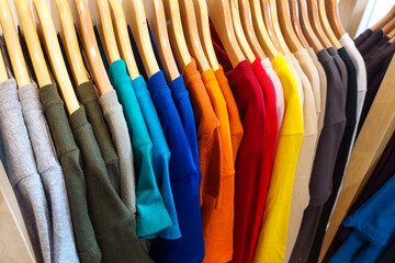 Plain T shirts hanging neatly in the cupboard