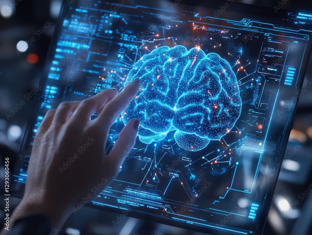 Poster person interacts with holographic brain interface, showcasing advanced technology and neuroscience