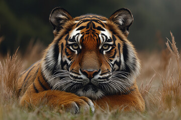 Obraz premium Intense gaze of a Sumatran tiger amidst golden grasses, captivating portrait