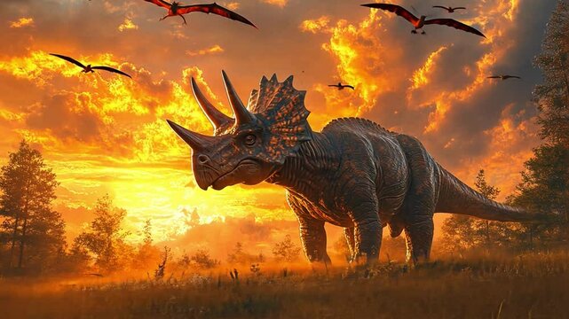 Triceratops Silhouette: A majestic Triceratops, a herbivorous dinosaur with three horns and a bony frill, stands in a dramatic prehistoric landscape as the sun sets in fiery hues.