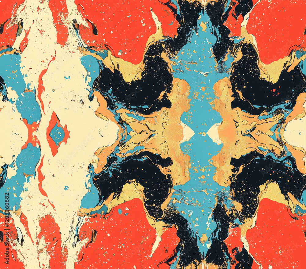 Poster vibrant abstract pattern with dynamic layers of blue, crimson, and gold, seamless pattern style.