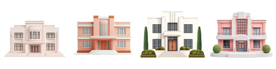 Fototapeta premium Collection of Elegant and Inviting Residential Architectural Designs Featuring Diverse Facades Roofing Windows Doors and Landscaping Elements Such as Trees Plants