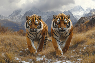 Obraz premium Siberian Majesty, Two Tigers Traverse a Snowy Mountain Valley