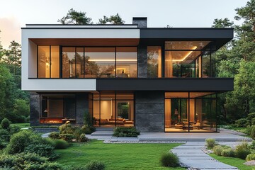 Modern house exterior view, 3D rendering, gray background, clean lines, high-quality architectural design, contemporary minimalist style.