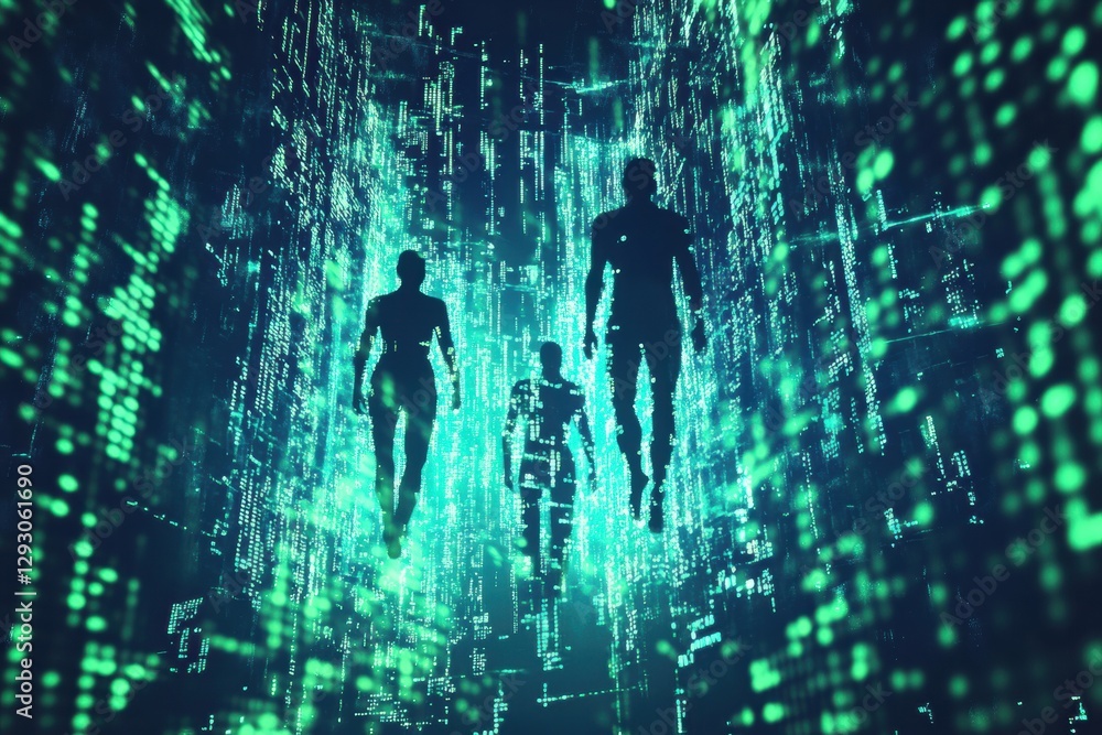 Poster exploration of a digital realm with human silhouettes amidst a matrix of floating code. generative a