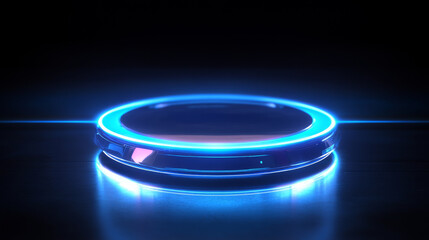 glowing circular platform with blue neon light effect, set against dark background, creates futuristic ambiance
