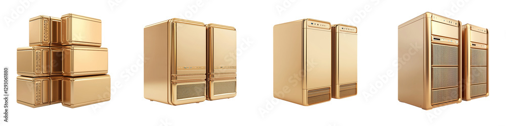 Poster rows of shiny golden metal boxes and crates stacked high in an industrial warehouse setting represen