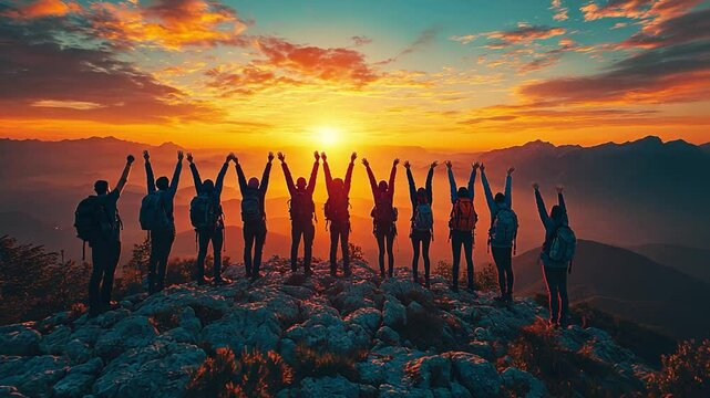 Reaching for the Summit: A group of hikers celebrates their achievement with arms raised high against a vibrant sunset backdrop, evoking feelings of accomplishment and camaraderie. 