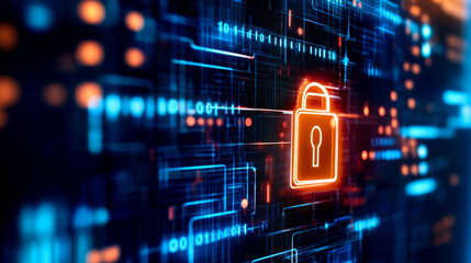 Fototapeta premium A digital lock symbol on a vibrant, tech-inspired background, representing cybersecurity and data protection.